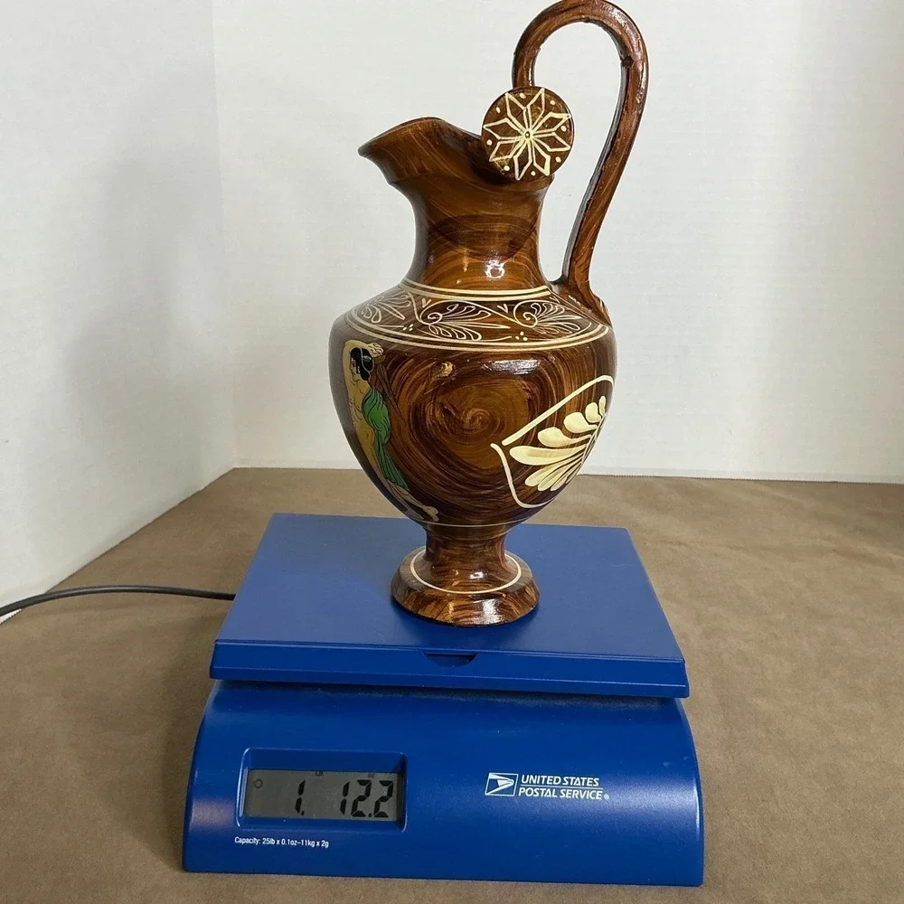 Vintage Greek Hand Painted Pottery Ewer‎ Jug Signed Mid Century MCM Decor